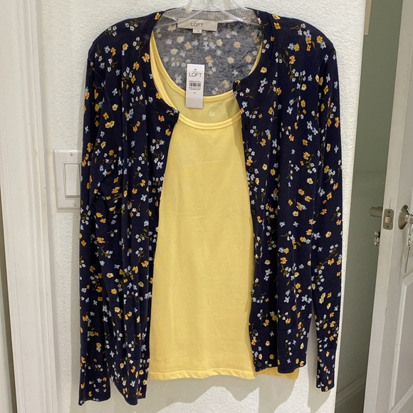 Loft Navy Blue Yellow Floral Button Cardigan Size M NWT paired with Yellow Tank - Picture 6 of 6